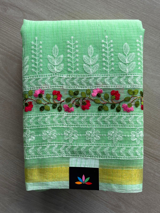 Seafoam Green Machine Embroidered Blended Kota Saree - 33888