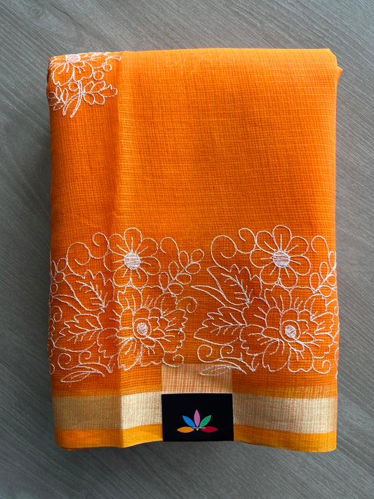 Hot Orange Machine Embroidered Blended Kota Saree - 33890