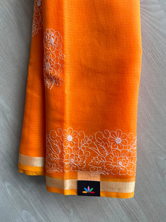Hot Orange Machine Embroidered Blended Kota Saree - 33890