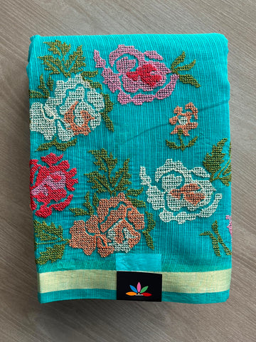 Aqua Blue Machine Embroidered Blended Kota Saree - 33893