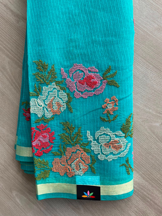 Aqua Blue Machine Embroidered Blended Kota Saree - 33893