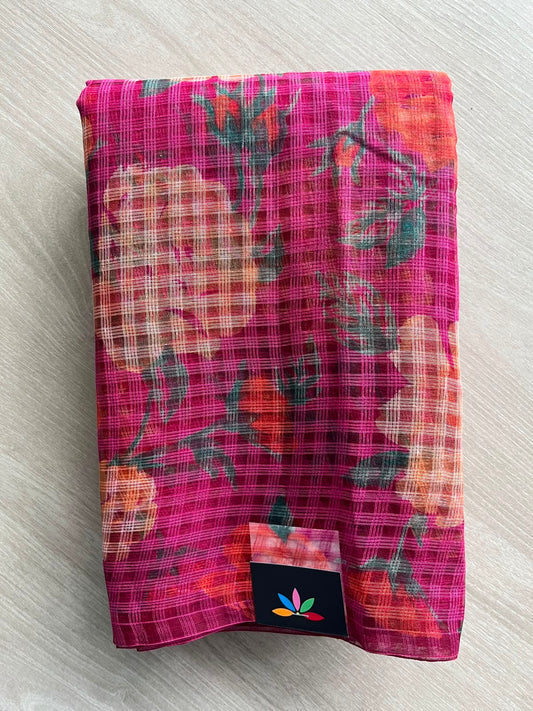 Dark Hot Pink Printed Kota Cotton Saree (Without Blouse) - 33895