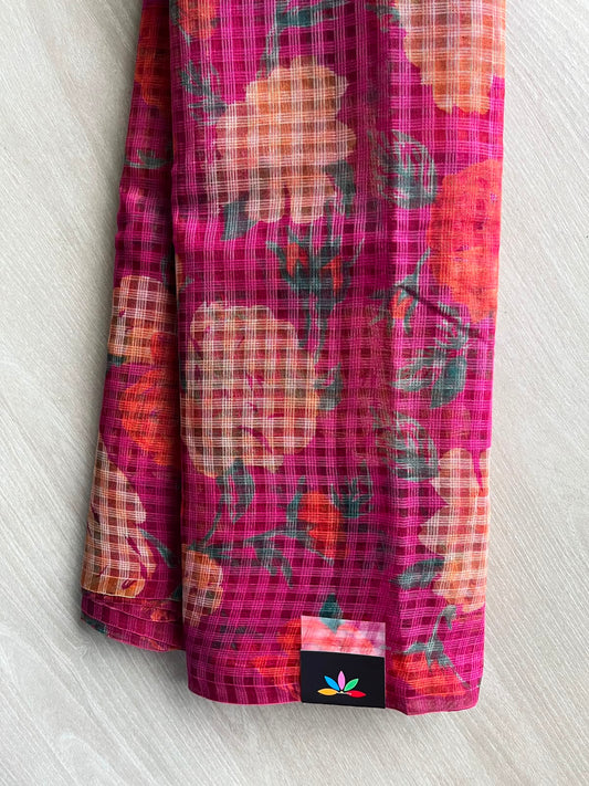 Dark Hot Pink Printed Kota Cotton Saree (Without Blouse) - 33895