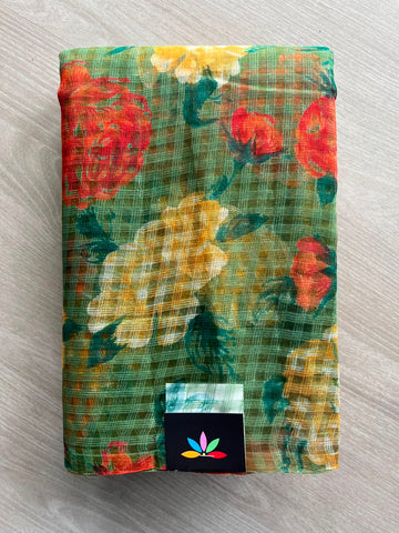 Sage Green Printed Kota Cotton Saree (Without Blouse) - 33896