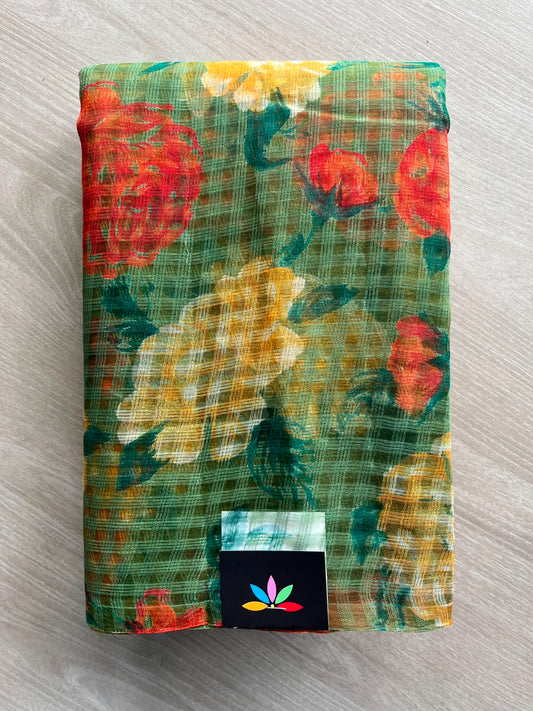 Sage Green Printed Kota Cotton Saree (Without Blouse) - 33896
