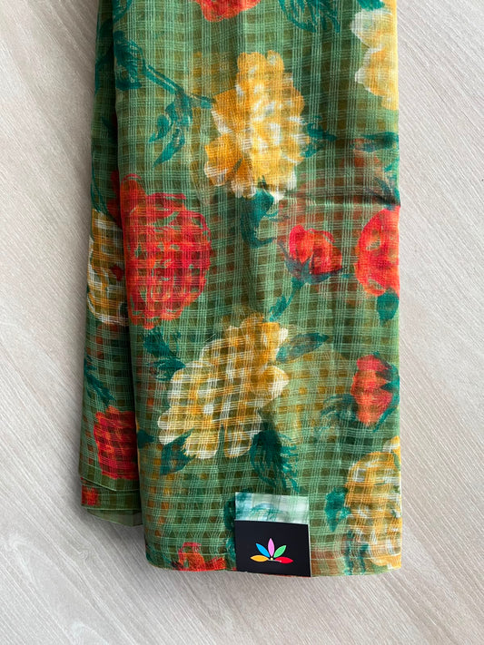 Sage Green Printed Kota Cotton Saree (Without Blouse) - 33896
