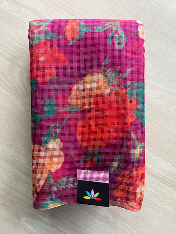 Dark Pink Printed Kota Cotton Saree (Without Blouse) - 33897