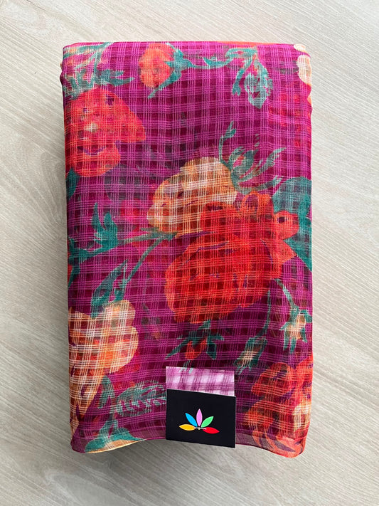 Dark Pink Printed Kota Cotton Saree (Without Blouse) - 33897