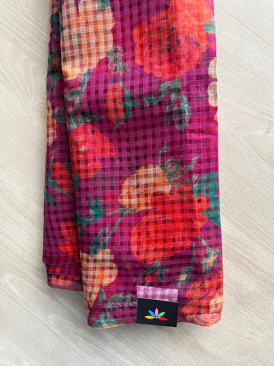 Dark Pink Printed Kota Cotton Saree (Without Blouse) - 33897