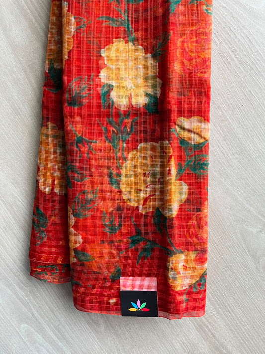 Neon Orange Printed Kota Cotton Saree (Without Blouse) - 33898
