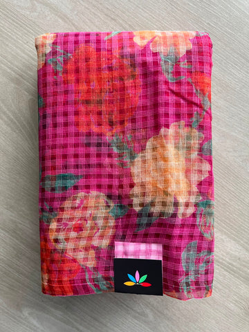 Hot Pink Printed Kota Cotton Saree (Without Blouse) - 33899