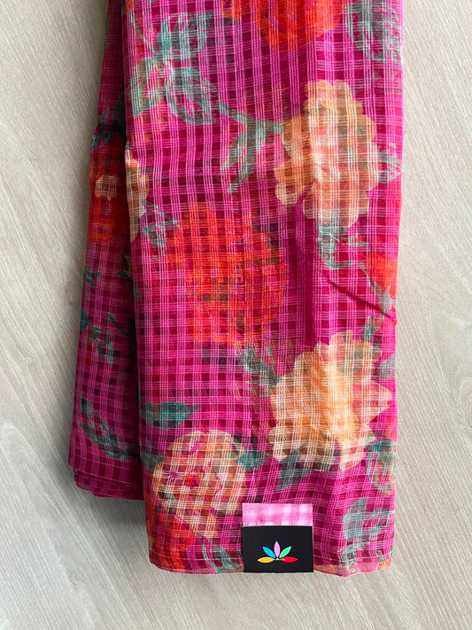 Hot Pink Printed Kota Cotton Saree (Without Blouse) - 33899