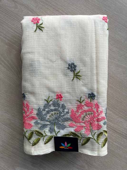White Embroidered Kota Cotton Saree (Without Blouse) - 33900