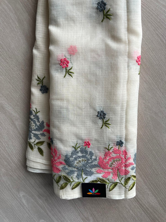White Embroidered Kota Cotton Saree (Without Blouse) - 33900