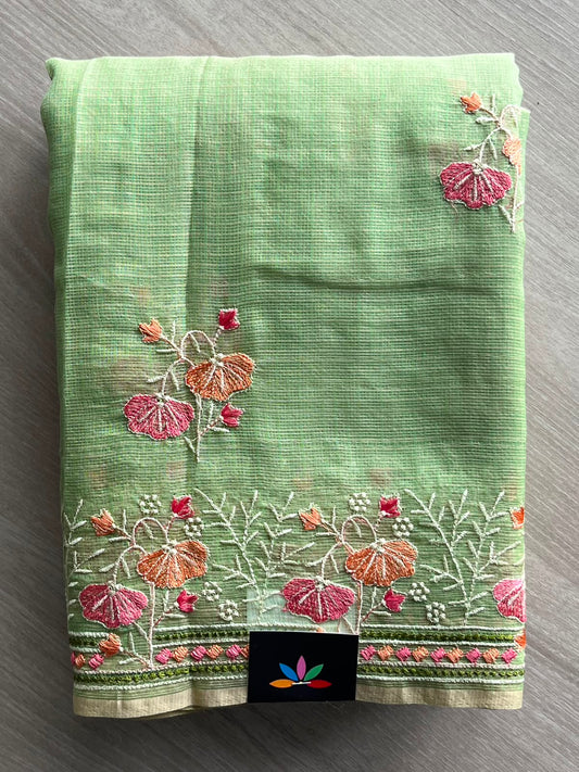 Pastel Green Embroidered Kota Cotton Saree - 33901