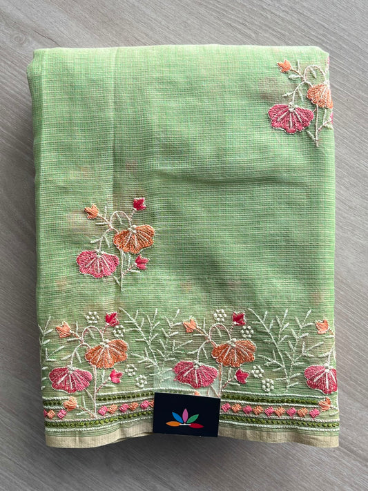 Pastel Green Embroidered Kota Cotton Saree - 33901