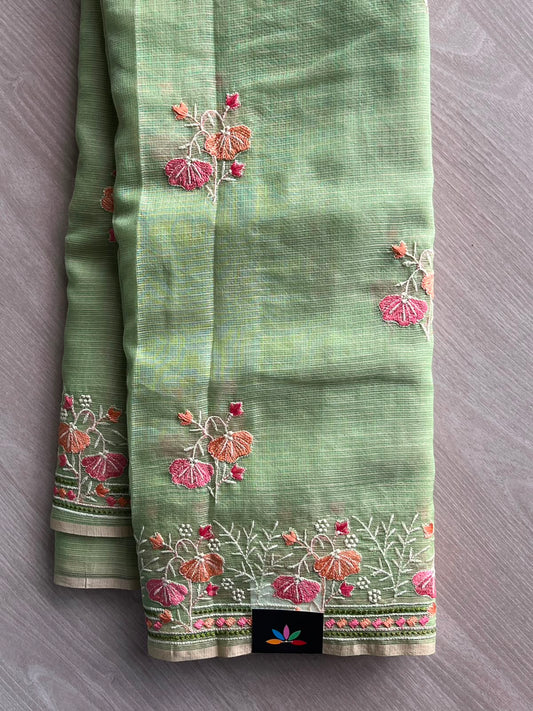 Pastel Green Embroidered Kota Cotton Saree - 33901