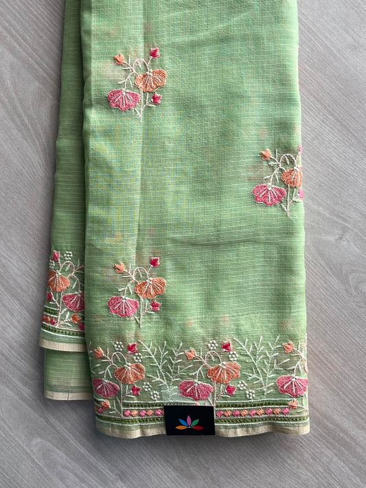 Pastel Green Embroidered Kota Cotton Saree - 33901