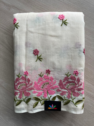 White Embroidered Kota Cotton Saree - 33902