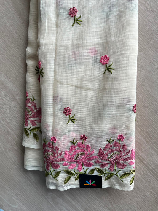 White Embroidered Kota Cotton Saree - 33902