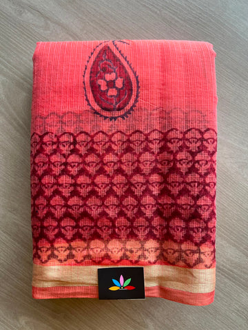 Brick Red Simple Printed Blended Kota Saree - 34829