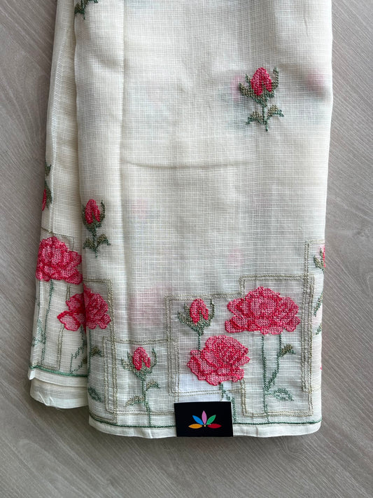 Floral Embroidered Pure Kota Cotton Saree - 34882