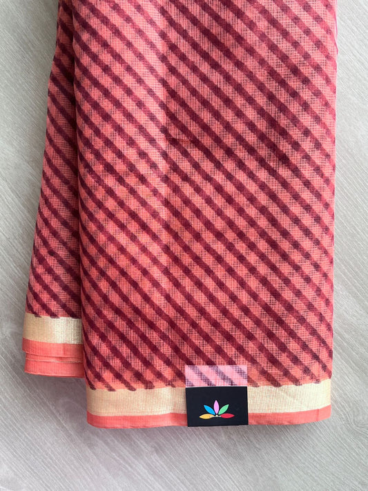Salmon Pink & Ruby Red Simple Printed Blended Kota Saree - 35543