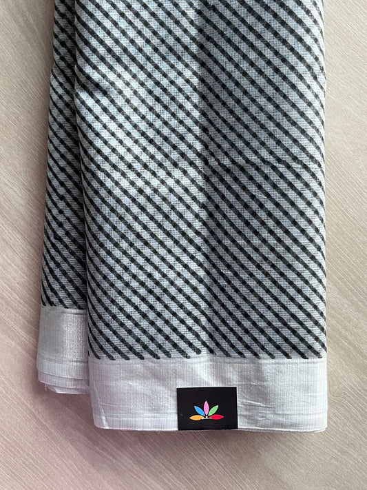 Light Grey & Black Simple Printed Blended Kota Saree - 35556