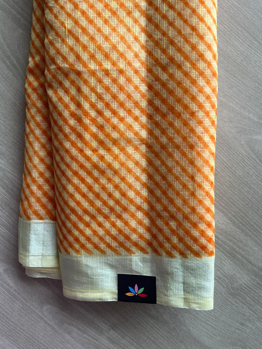 Creamy Yellow & Tangerine Orange Simple Printed Blended Kota Saree - 35559