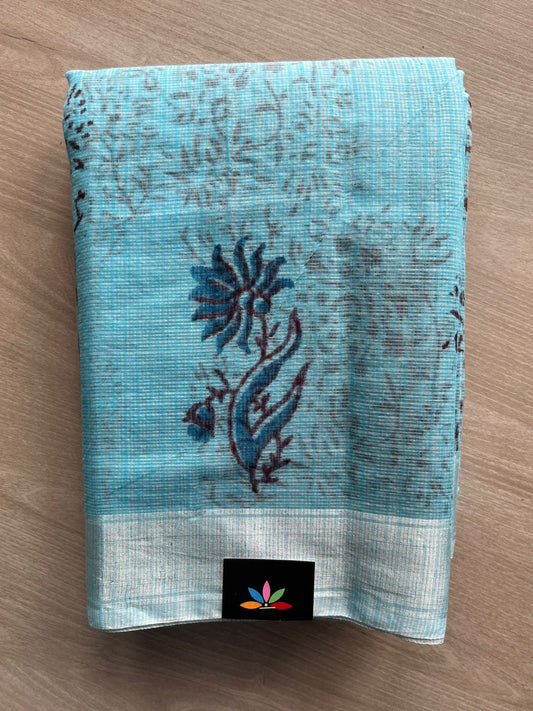 Sky-Blue Simple Printed Blended Kota Saree - 35572