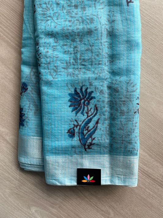 Sky-Blue Simple Printed Blended Kota Saree - 35572