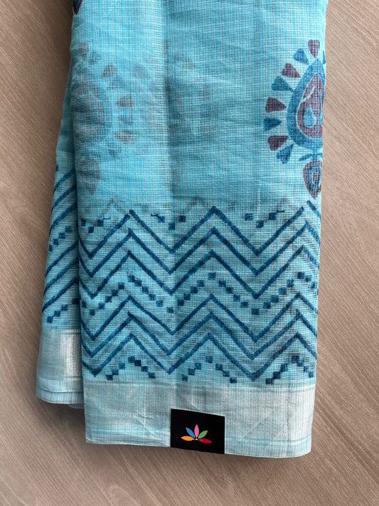 Sky-Blue Simple Printed Blended Kota Saree - 35576