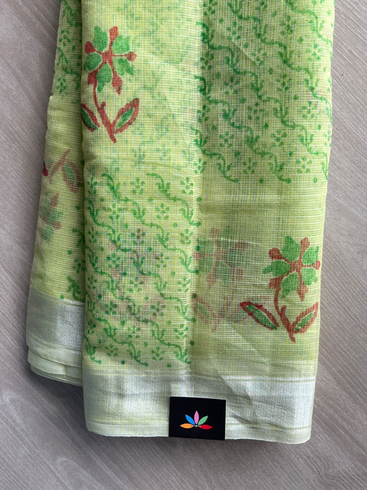 Yellow Green Shade Simple Printed Blended Kota Saree - 35584