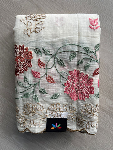 Scallop Border Floral Embroidered Pure Kota Cotton Saree - 35585
