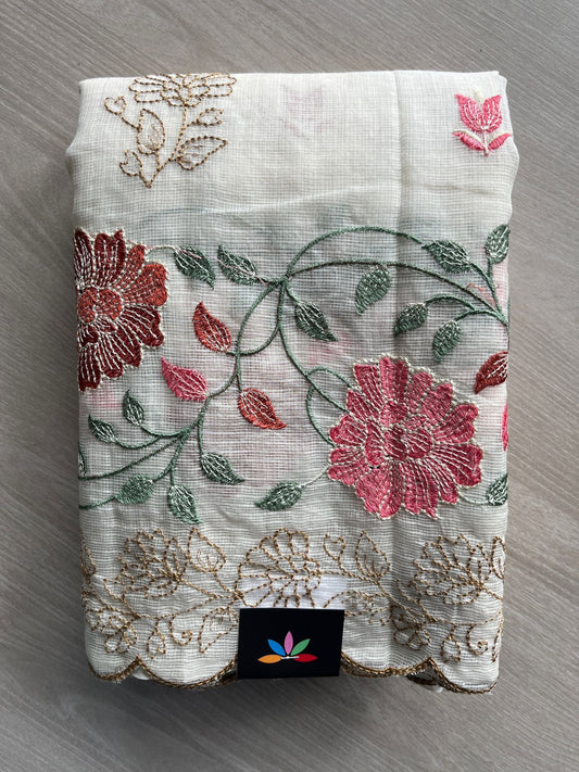 Soft Ivory Scallop Border Floral Embroidered Pure Kota Cotton Saree - 35585