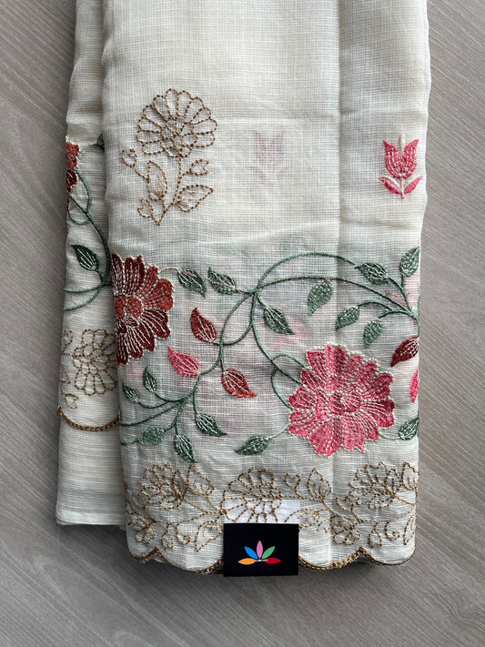 Soft Ivory Scallop Border Floral Embroidered Pure Kota Cotton Saree - 35585