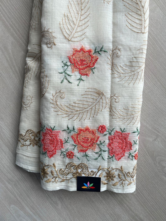 Soft Ivory Floral Embroidered Pure Kota Cotton Saree - 35586