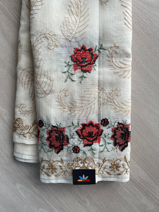 Soft Ivory Floral Embroidered Pure Kota Cotton Saree - 35587