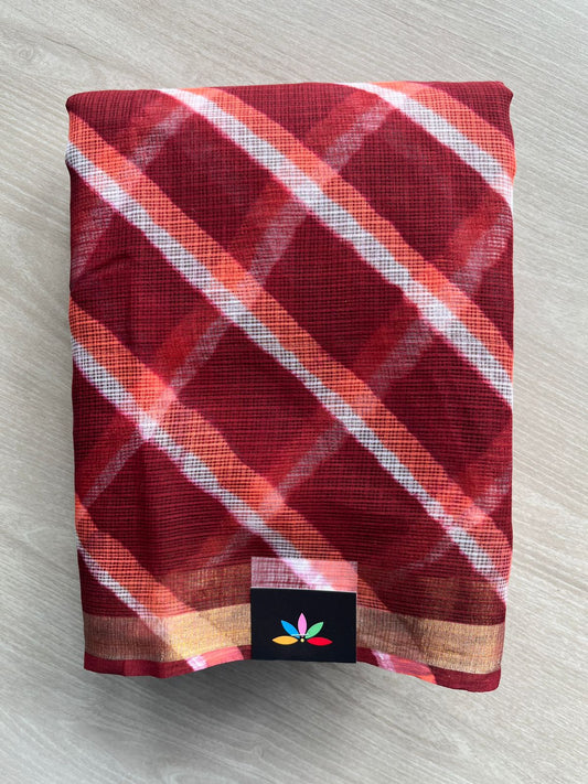 Wine Red Stripes Leheriya Kota Doria Saree- 35591
