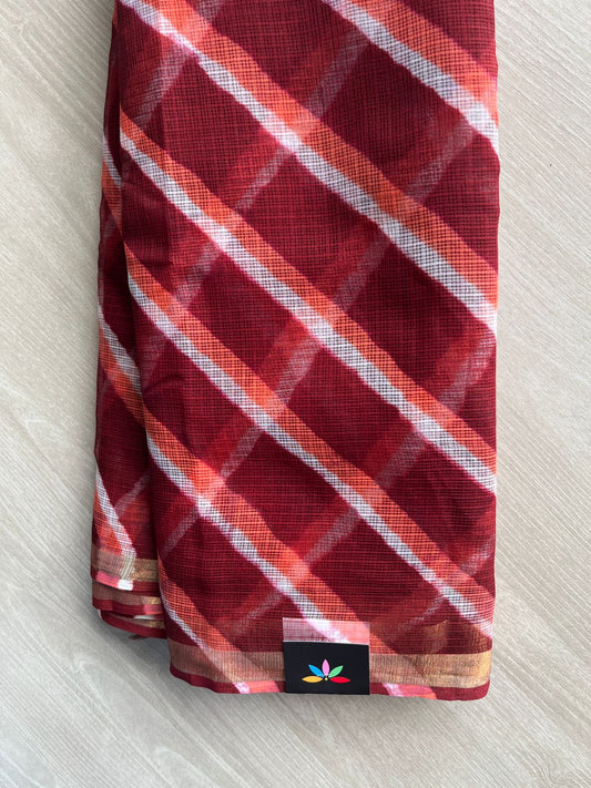 Wine Red Stripes Leheriya Kota Doria Saree- 35591