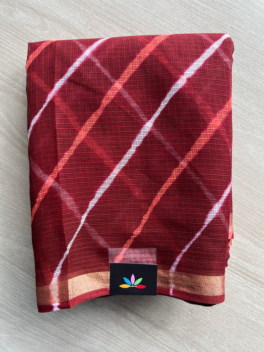 Wine Red Stripes Leheriya Kota Doria Saree- 35598