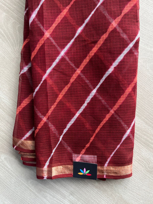Wine Red Stripes Leheriya Kota Doria Saree- 35598