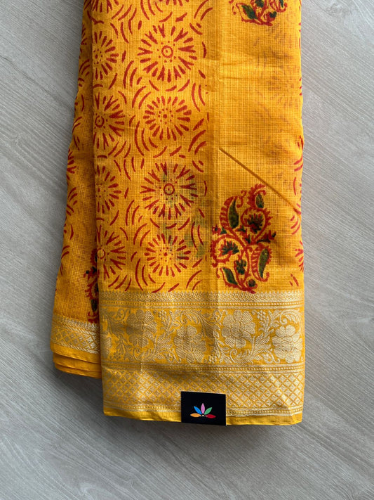 Turmeric Yellow Simple Printed Woven Border Kota Saree - 35605