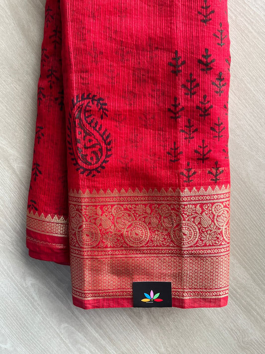 Bright Red Simple Printed Woven Border Kota Saree - 35606