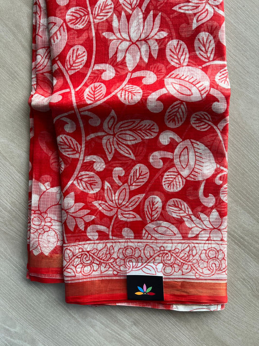 Crimson Red Kalamkari Design Print Kota Silk Saree - 35609
