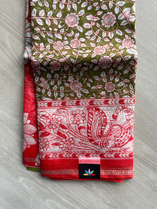 Deep olive & Crismon Red Kalamkari Design Print Kota Silk Saree - 35611