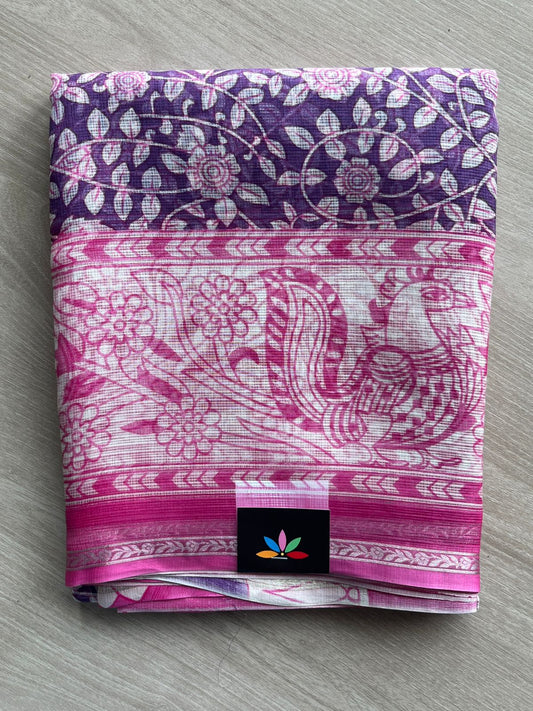 Royal Purple & Magenta Pink Kalamkari Design Print Kota Silk Saree - 35612