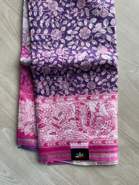 Royal Purple & Magenta Pink Kalamkari Design Print Kota Silk Saree - 35612