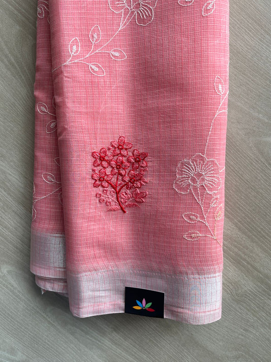 Salmon Pink Floral Embroidered Kota Cotton Saree - 35613