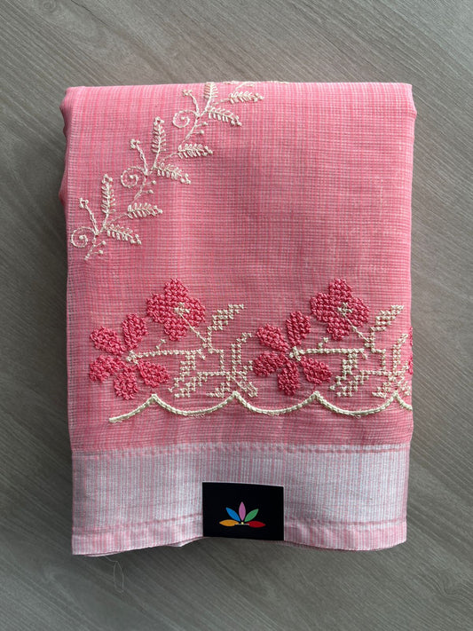 Salmon Pink Floral Embroidered Kota Cotton Saree - 35614